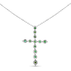 GEMSTONE CLOSEOUT ! .07ct G SI 14K White Gold Emerald Gemstone Cross Charm Pendant Necklace 18" Long