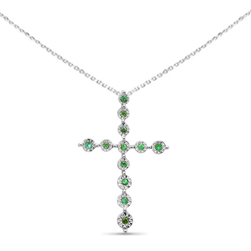 GEMSTONE CLOSEOUT ! .07ct G SI 14K White Gold Emerald Gemstone Cross Charm Pendant Necklace 18" Long
