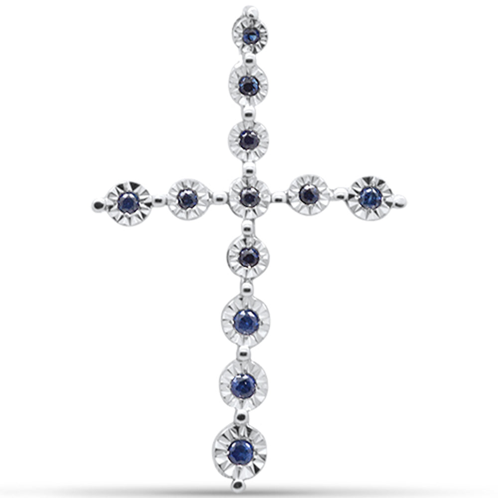 GEMSTONE CLOSEOUT ! .12ct G SI 14K White Gold Diamond & Blue Sapphire Gemstone Cross Pendant No Chain