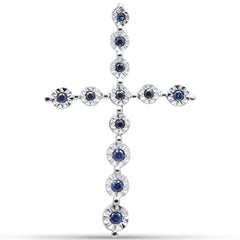 GEMSTONE CLOSEOUT ! .12ct G SI 14K White Gold Diamond & Blue Sapphire Gemstone Cross Pendant No Chain