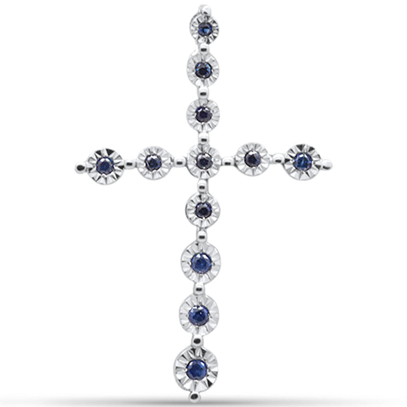 GEMSTONE CLOSEOUT ! .12ct G SI 14K White Gold Diamond & Blue Sapphire Gemstone Cross Pendant No Chain