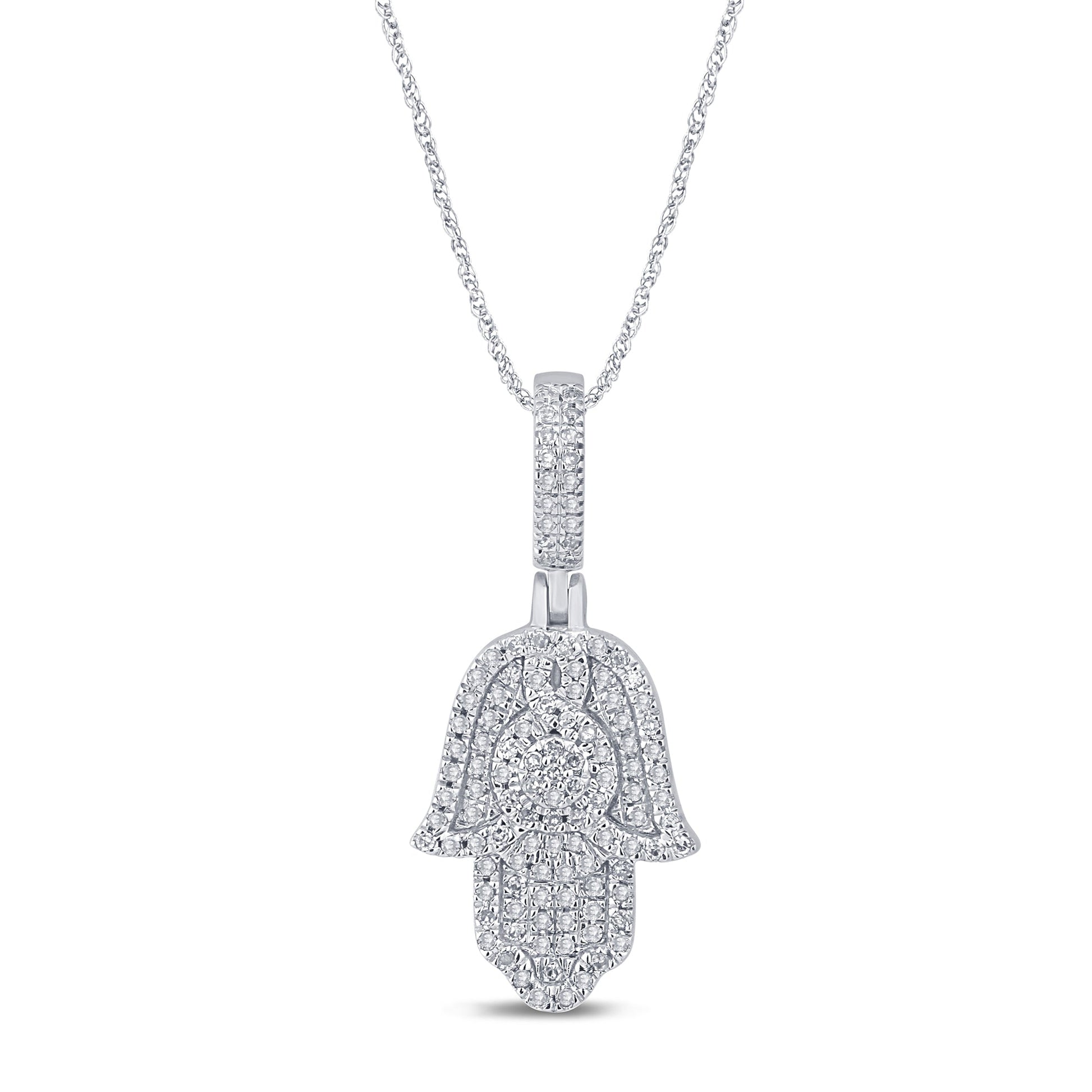 SPECIAL!.19ct G SI 14K White Gold Diamond Hamsa Pendant Necklace 18" Long