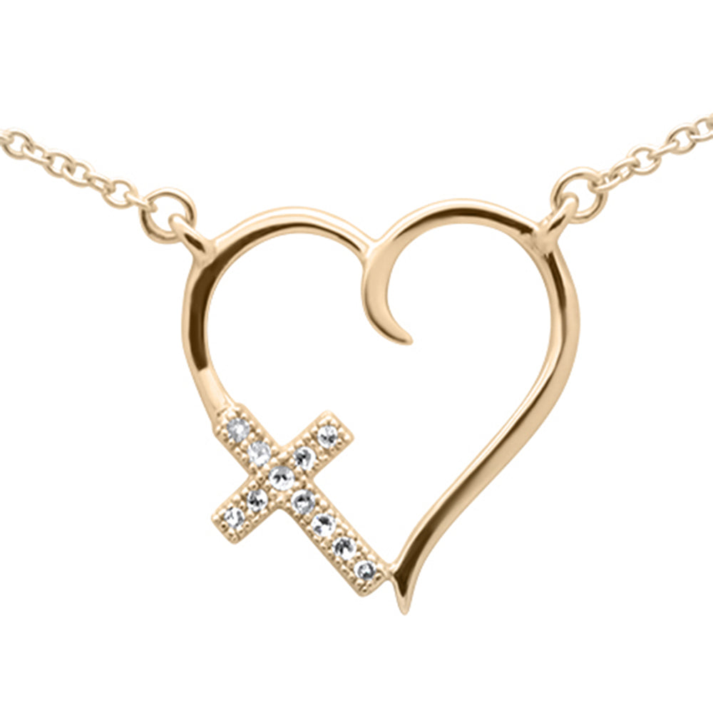 .03ct G SI 14K Yellow Gold Diamond Heart with Cross Pendant Necklace 18" Long