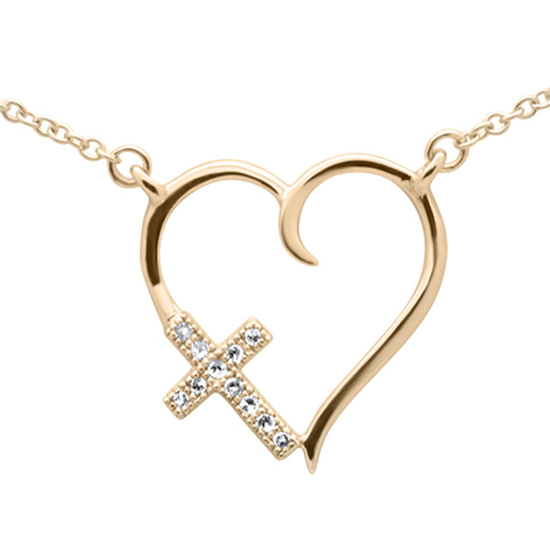 .03ct G SI 14K Yellow Gold Diamond Heart with Cross Pendant Necklace 18" Long