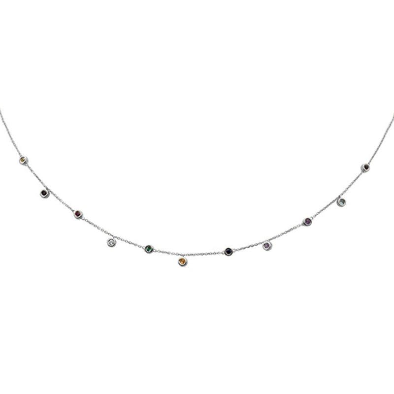 SPECIAL! .37ct 14K White Gold Multi Color Gemstone Pendant Necklace 16+2"Ext Long Chain