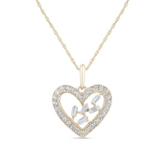 .18ct G SI 14K Yellow Gold Diamond Round & Baguette Heart Pendant Necklace 18" Long