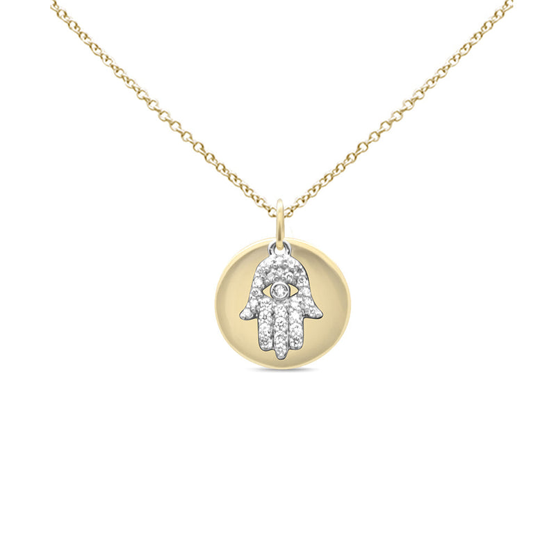 SPECIAL! .20ct G SI 14K Two Tone with Diamonds Round Shaped with Hamsa Pendant Necklace 18" Long