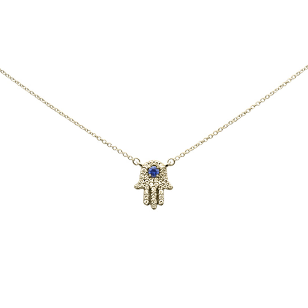 SPECIAL! .31ct G SI 14K Yellow Gold Diamond & Blue Sapphire Hamsa Pendant Necklace 18" Long Chain