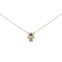 SPECIAL! .31ct G SI 14K Yellow Gold Diamond & Blue Sapphire Hamsa Pendant Necklace 18" Long Chain