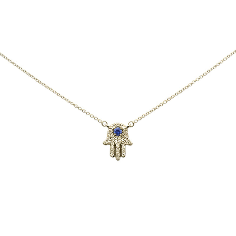SPECIAL! .31ct G SI 14K Yellow Gold Diamond & Blue Sapphire Hamsa Pendant Necklace 18" Long Chain