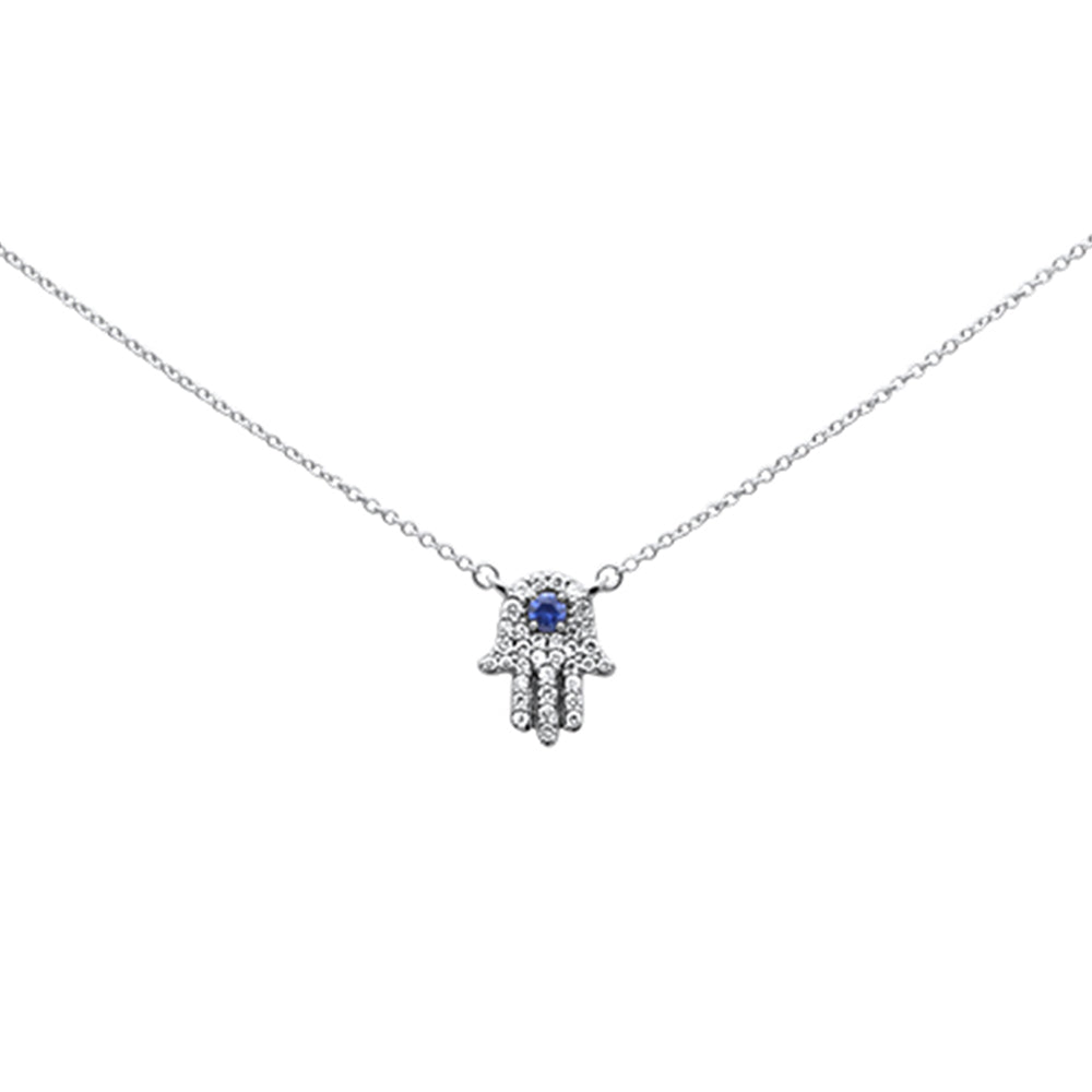 SPECIAL! .32ct G SI 14K White Gold Diamond & Blue Sapphire Hamsa Pendant Necklace 18" Long Chain