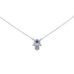 SPECIAL! .32ct G SI 14K White Gold Diamond & Blue Sapphire Hamsa Pendant Necklace 18" Long Chain