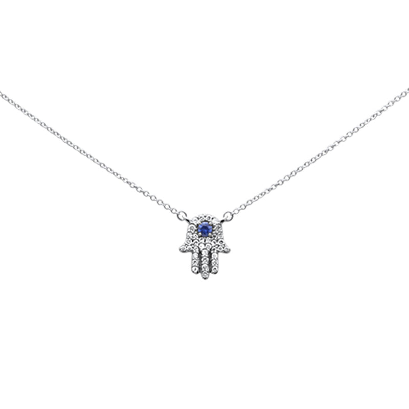 SPECIAL! .32ct G SI 14K White Gold Diamond & Blue Sapphire Hamsa Pendant Necklace 18" Long Chain