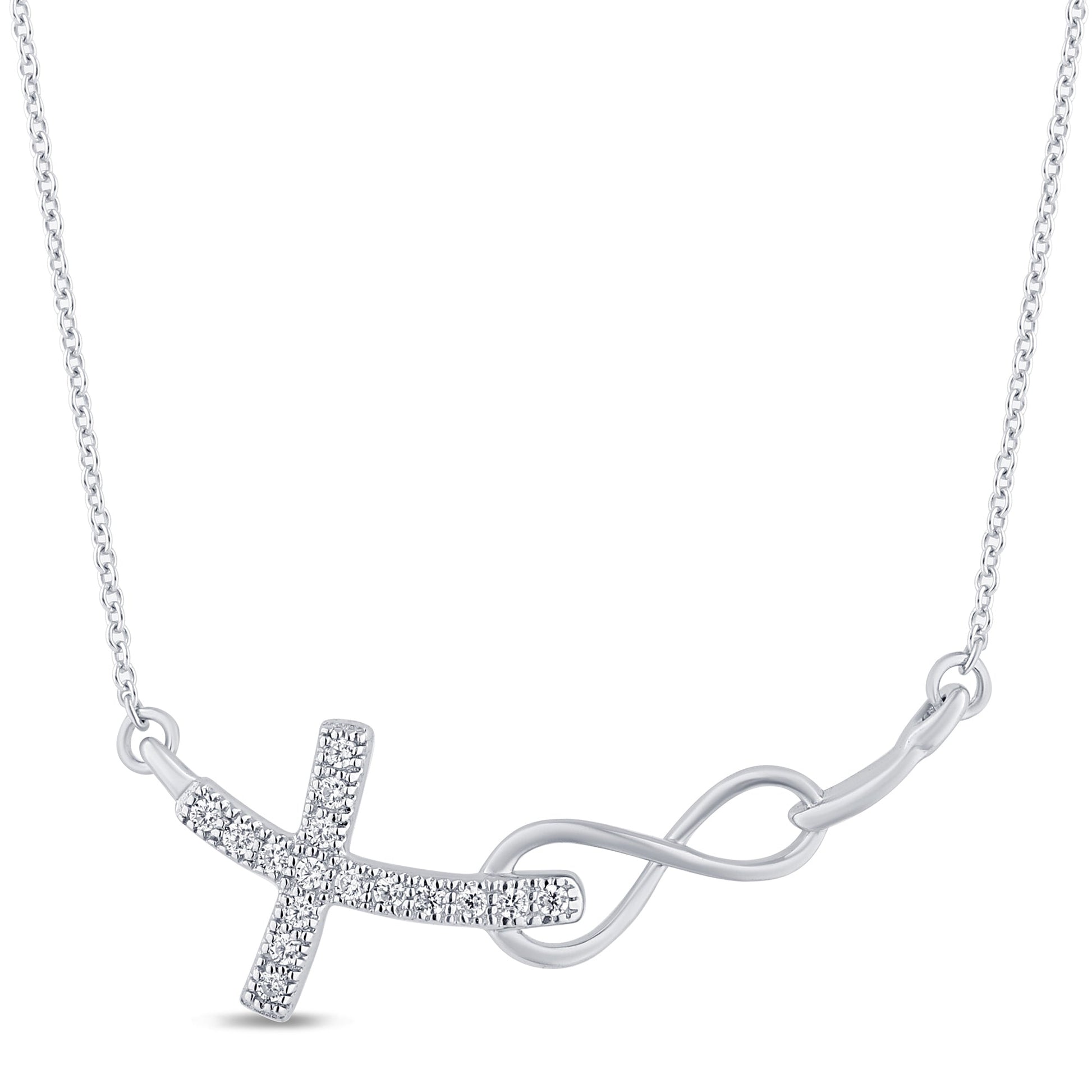 SPECIAL! .06ct G SI 14K White Gold Diamond Infinity and Cross Sideways Pendant Necklace 18" Long Chain