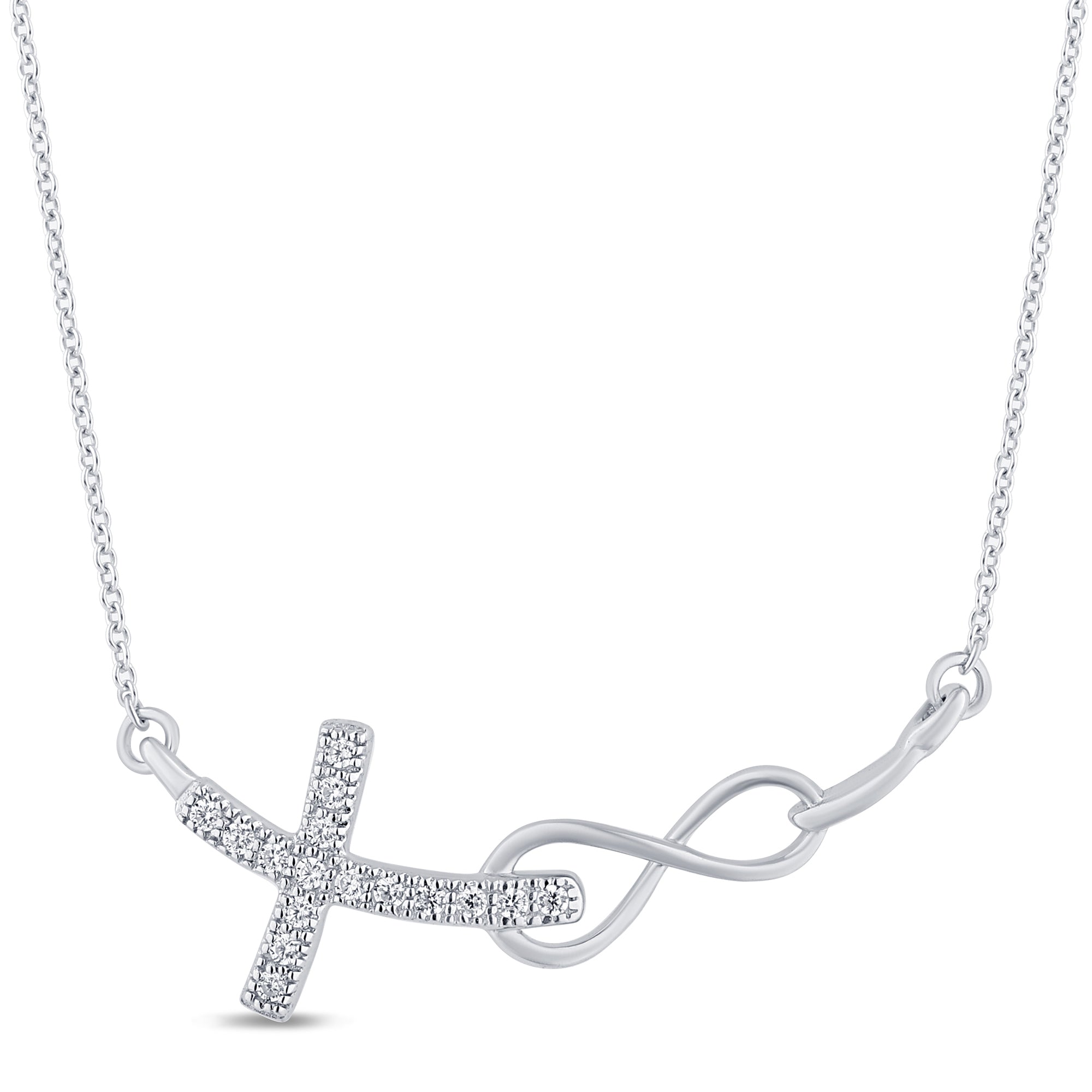 SPECIAL! .06ct G SI 14K White Gold Diamond Infinity and Cross Sideways Pendant Necklace 18" Long Chain