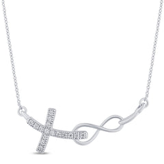 SPECIAL! .06ct G SI 14K White Gold Diamond Infinity and Cross Sideways Pendant Necklace 18" Long Chain