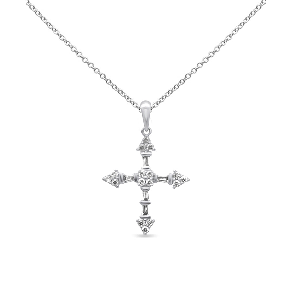 .19ct G SI 14K White Gold Round & Baguette Diamond Cross Pendant Necklace 18" Long