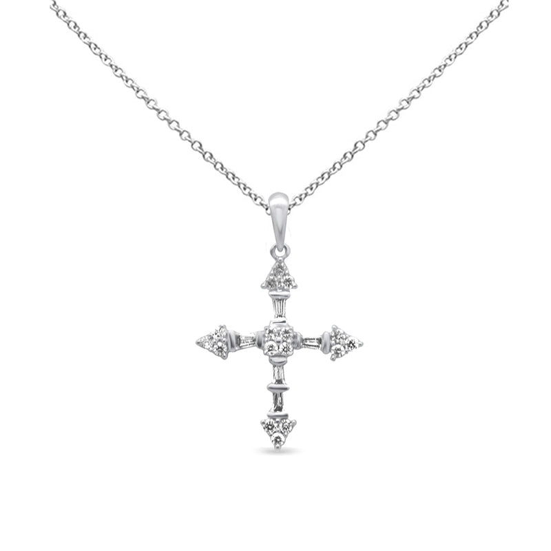 .19ct G SI 14K White Gold Round & Baguette Diamond Cross Pendant Necklace 18" Long