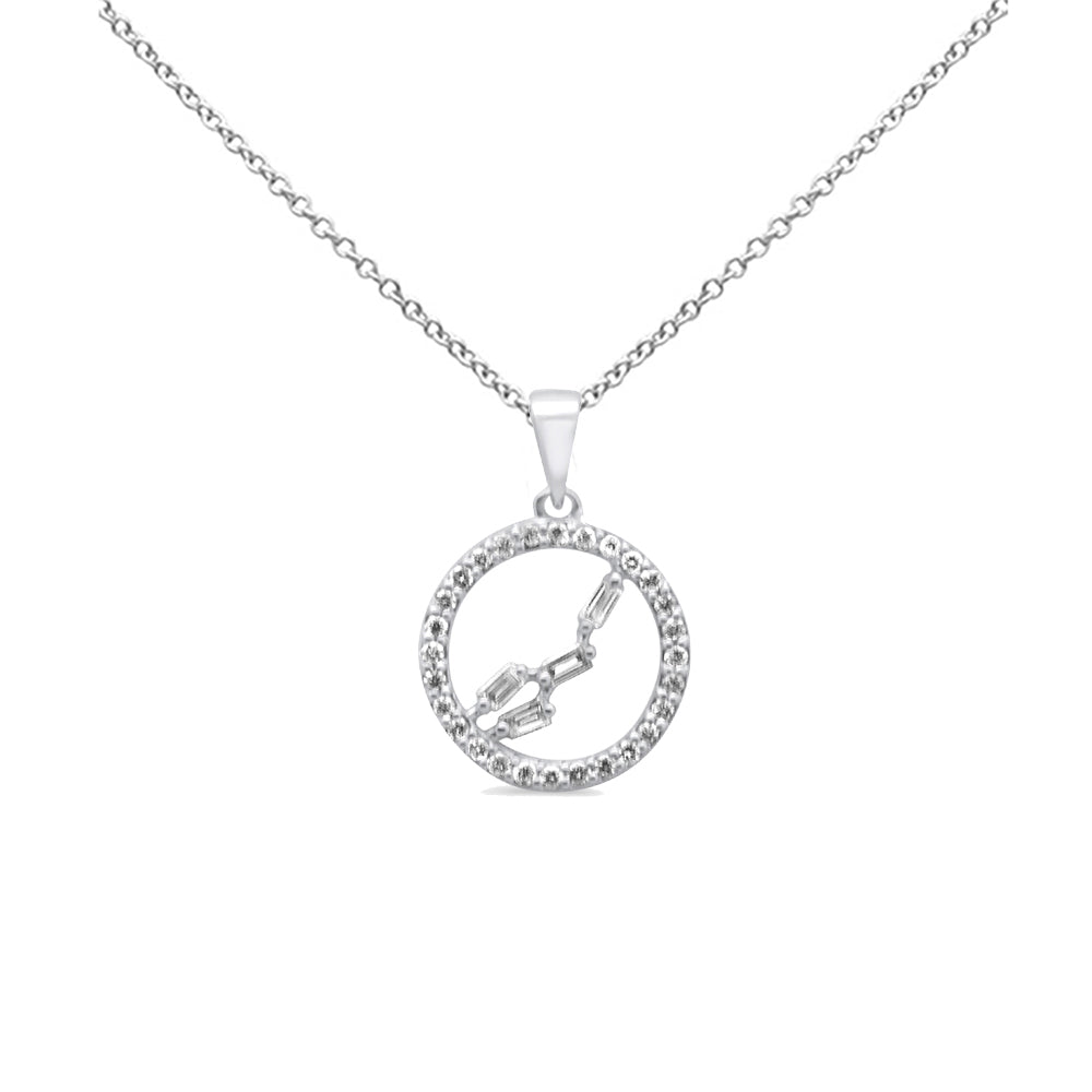 .18ct G SI 14K White Gold Round & Baguette Diamond Horoscope Pendant Necklace 18" Long