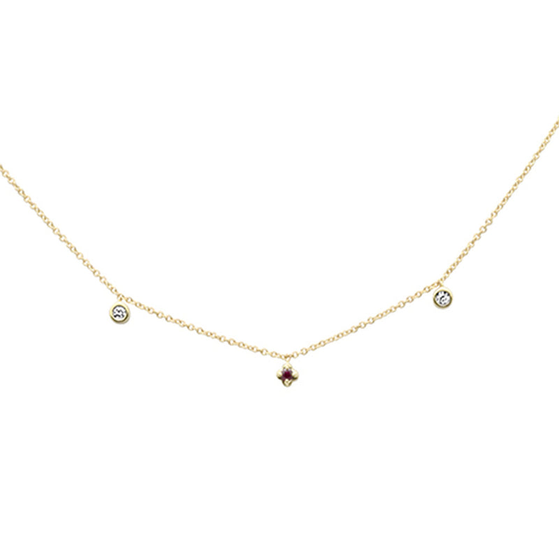 DIAMOND CLOSEOUT!  .10ct G SI 14K Yellow Gold Diamond & Ruby Gemstone Dangling Pendant Necklace 16" + 2" Ext