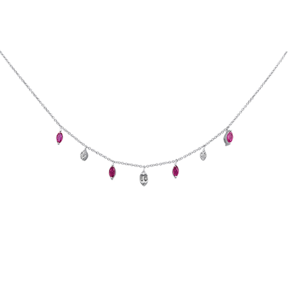 SPECIAL! .88ct G SI 14K White Gold Diamond & Ruby Gemstone Dangling Pendant Necklace 16+2"Ext Long Chain