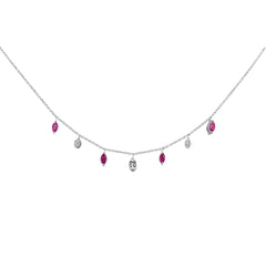 SPECIAL! .88ct G SI 14K White Gold Diamond & Ruby Gemstone Dangling Pendant Necklace 16+2"Ext Long Chain