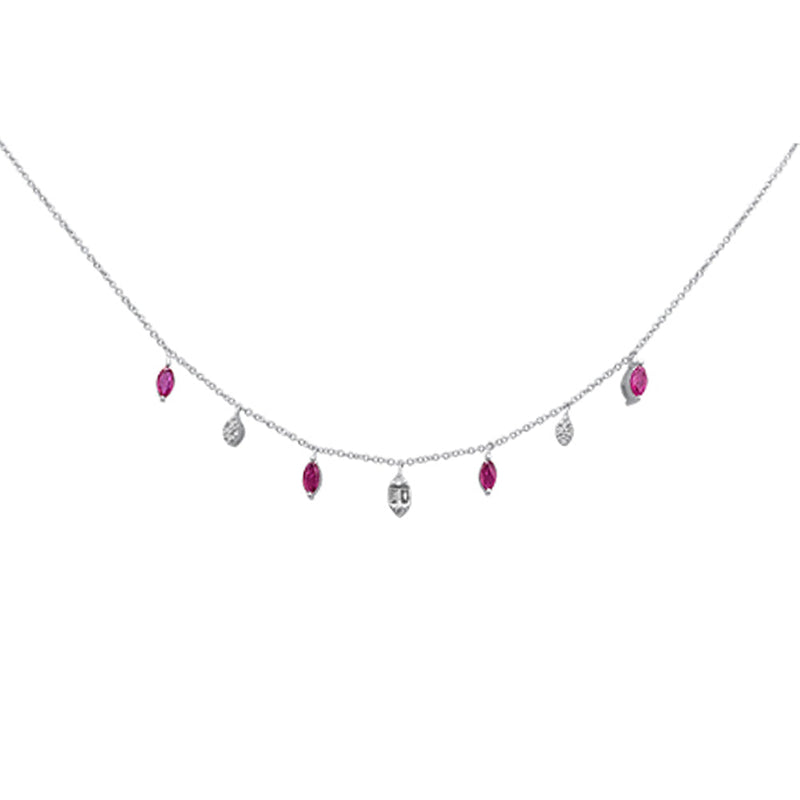 SPECIAL! .88ct G SI 14K White Gold Diamond & Ruby Gemstone Dangling Pendant Necklace 16+2"Ext Long Chain