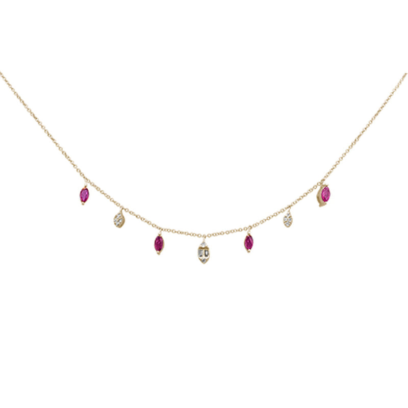 SPECIAL! .80ct G SI 14K Yellow Gold Diamond & Ruby Gemstone Dangling Pendant Necklace 16+2"Ext Long Chain