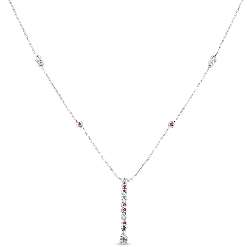 SPECIAL! .26ct G SI 14K White Gold Diamond & Ruby Gemstone Pendant Necklace 16+2" Long Chain