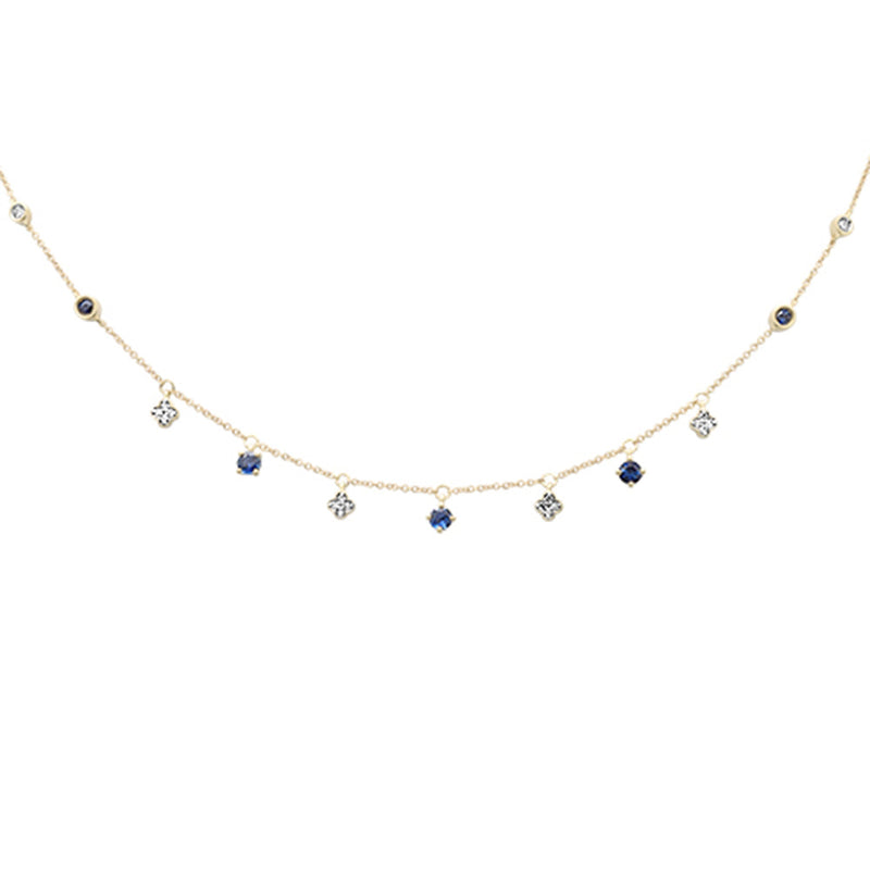 GEMSTONE CLOSEOUT!  .81ct G SI 14K Yellow Gold Diamond & Blue Sapphire Gemstone Pendant Necklace 16+2" Long Chain