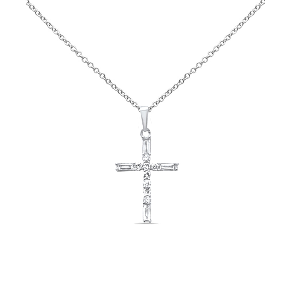 SPECIAL! .30ct G SI 14K White Gold Round & Baguette Diamond Cross Pendant Necklace 18" Long