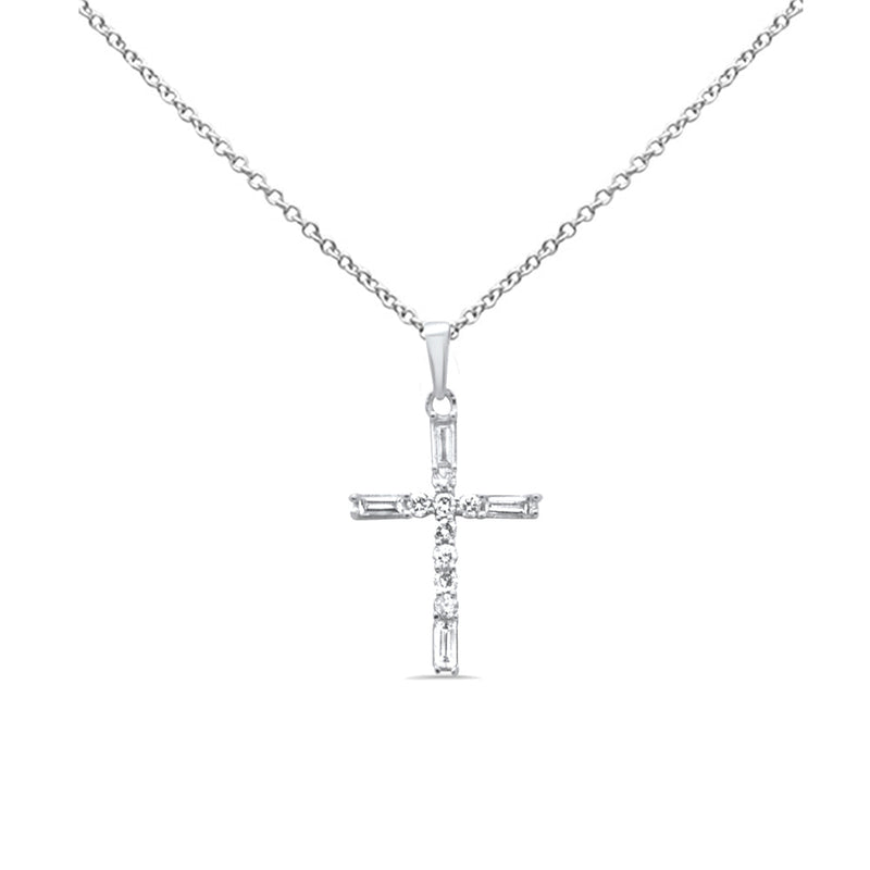 SPECIAL! .30ct G SI 14K White Gold Round & Baguette Diamond Cross Pendant Necklace 18" Long