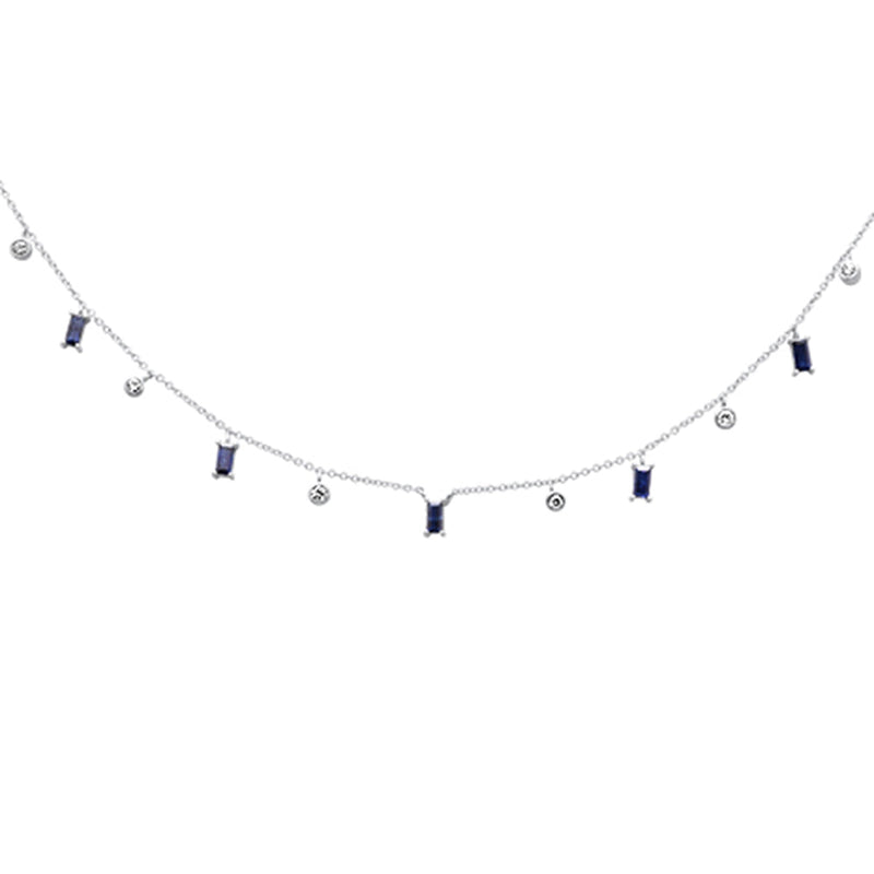 SPECIAL! .89ct G SI 14K White Gold Diamond & Blue Sapphire Gemstone Pendant Necklace 16+2" Long Chain