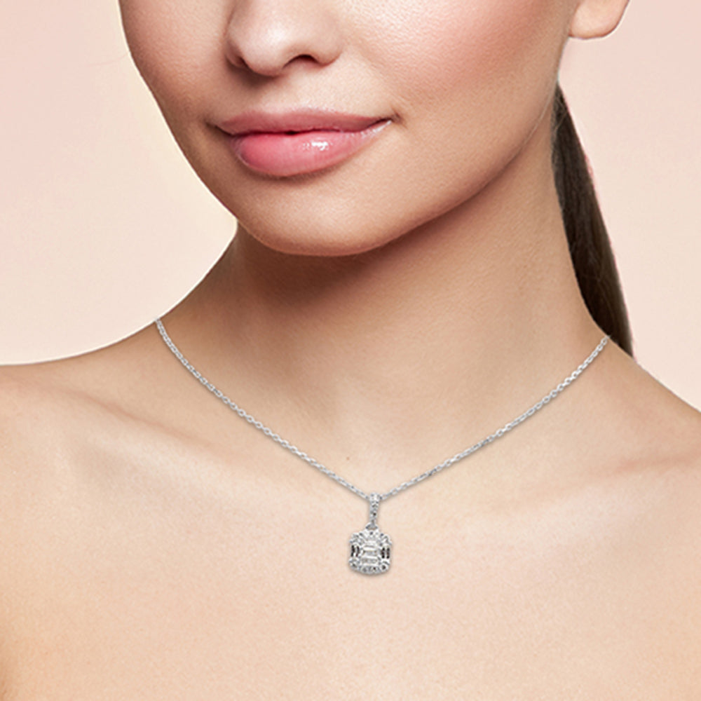SPECIAL!.35ct G SI 14K White Gold Round & Baguette Diamond Pendant Necklace 18" Long