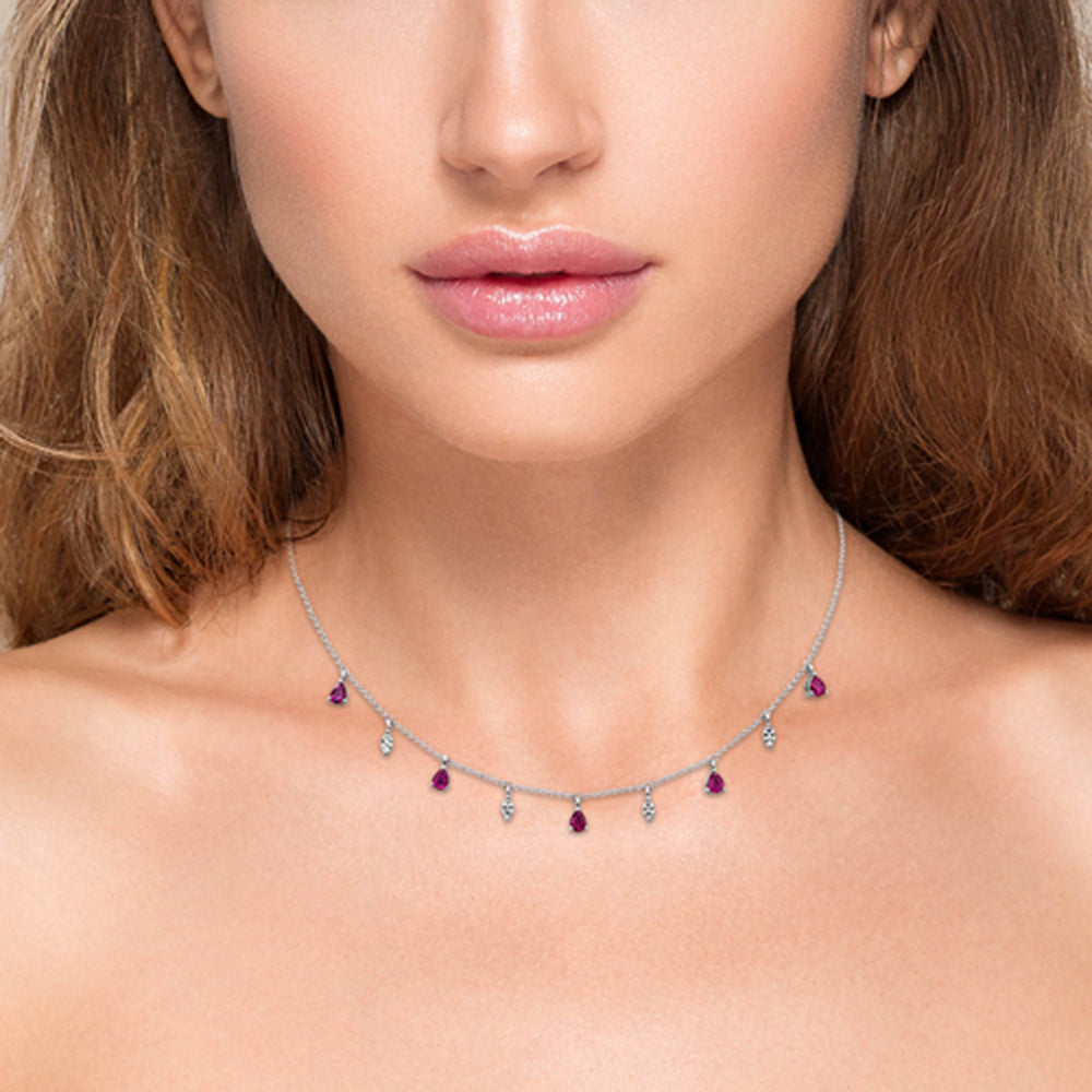 GEMSTONE CLOSEOUT! 1.18ct G SI 14K White Gold Diamond & Ruby Gemstone Pendant Necklace 16+2" EXT Long