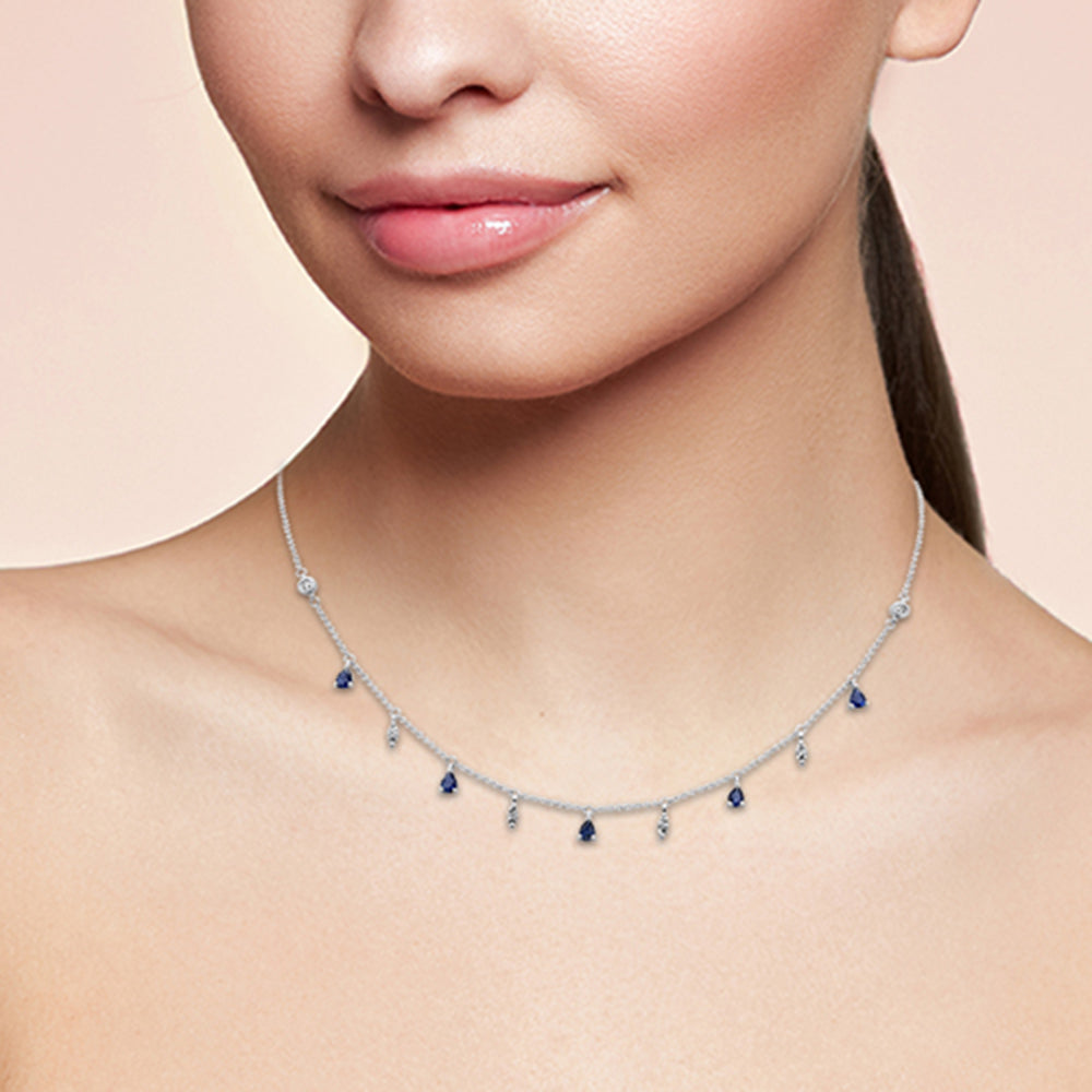 SPECIAL!1.01ct G SI 14K White Gold Diamond & Blue Sapphire Gemstone Pendant Necklace 16+2" Long