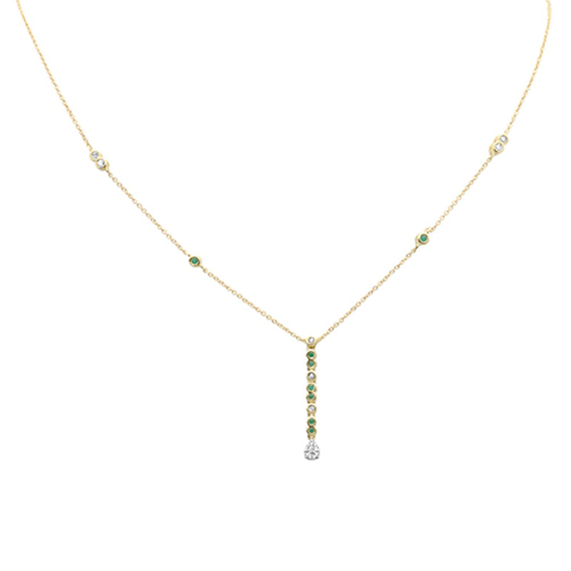 SPECIAL! .21ct G SI 14K Yellow Gold Diamond & Emerald Gemstone Drop Pendant Necklace 16" + 2" Ext