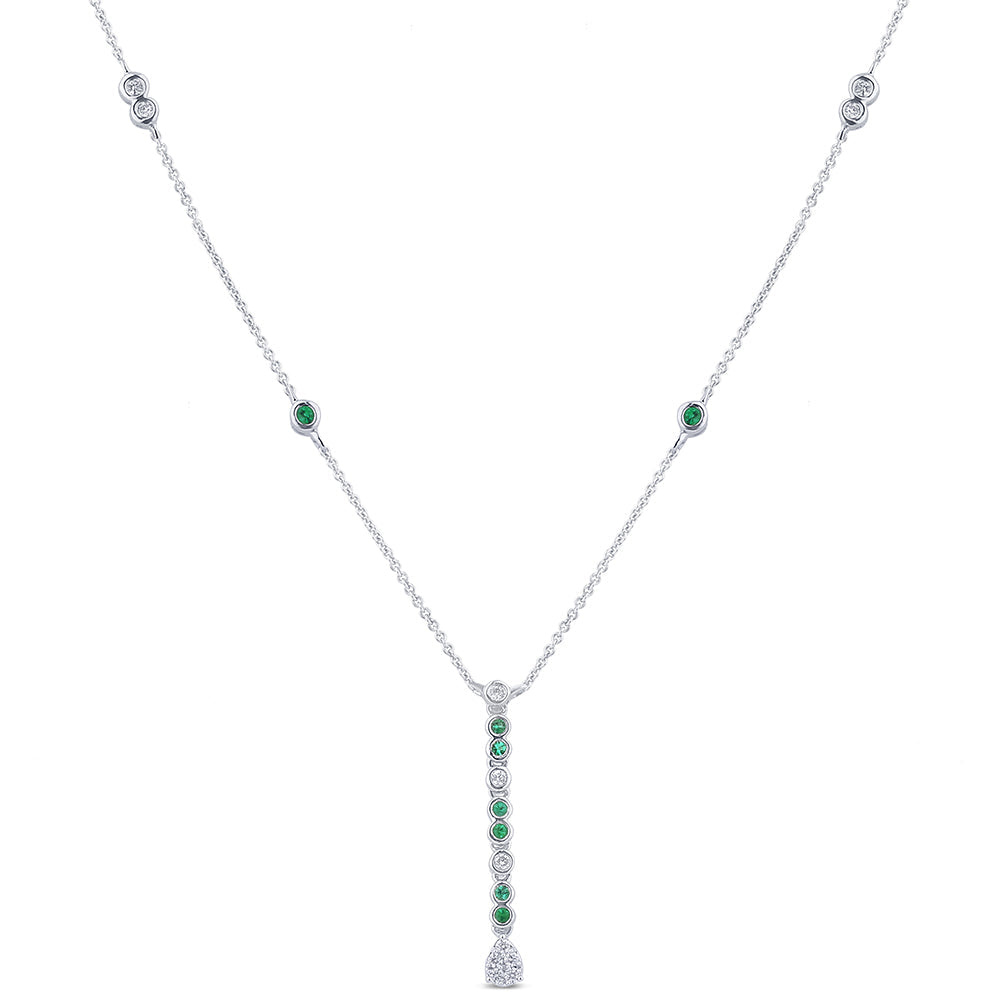 SPECIAL!.22ct G SI 14K White Gold Diamond & Emerald Gemstone Pendant Necklace 16+2" Long