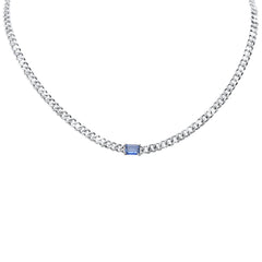 GEMSTONE CLOSEOUT!  2.66ct G SI 14K White Gold Blue Sapphire Gemstone & Diamond Cuban Necklace 13+3" Long