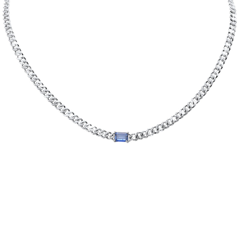 GEMSTONE CLOSEOUT!  2.66ct G SI 14K White Gold Blue Sapphire Gemstone & Diamond Cuban Necklace 13+3" Long