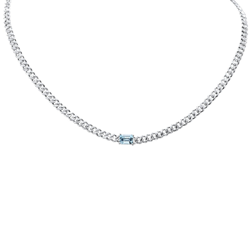 SPECIAL! 2.19ct G SI 14K White Gold Aquamarine Gemstone & Diamond Cuban Necklace 13+3" Long