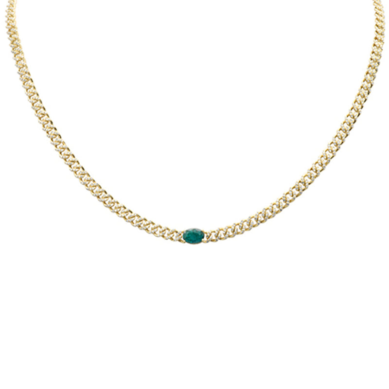 SPECIAL! 2.05ct G SI 14K Yellow Gold Oval Shaped Emerald Gemstone & Diamond Cuban Necklace 13+3" Long