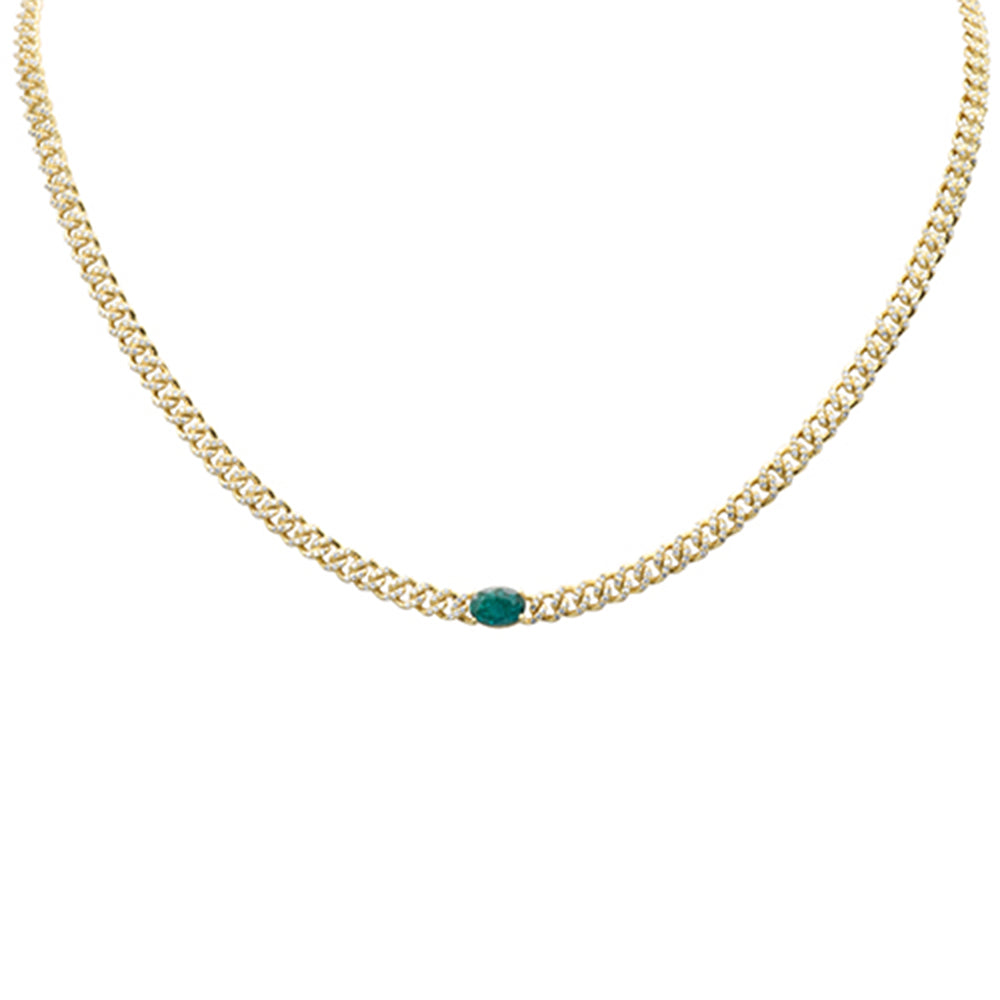 SPECIAL! 1.68ct G SI 14K Yellow Gold Oval Shaped Emerald Gemstone & Diamond Cuban Necklace 13+3" Long