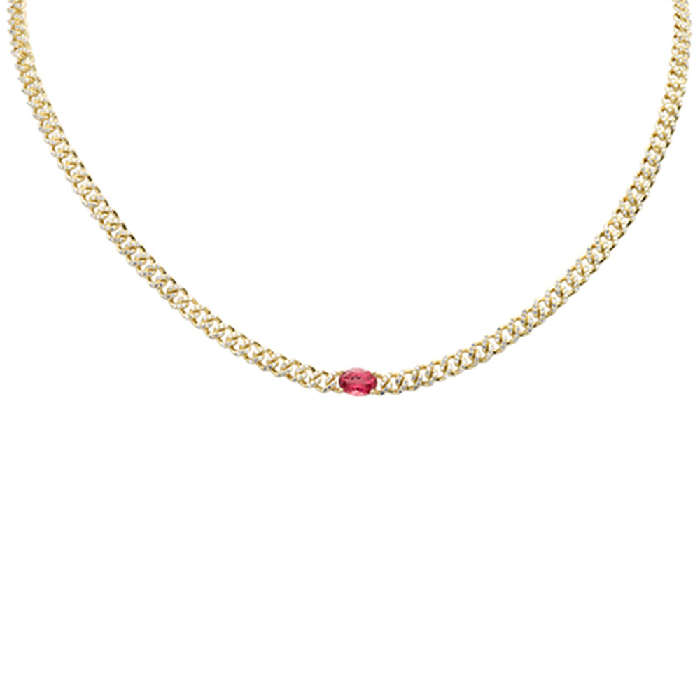 SPECIAL! 2.19ct G SI 14K Yellow Gold Oval Shaped Pink Tourmaline Gemstone & Diamond Cuban Necklace 13+3" Long