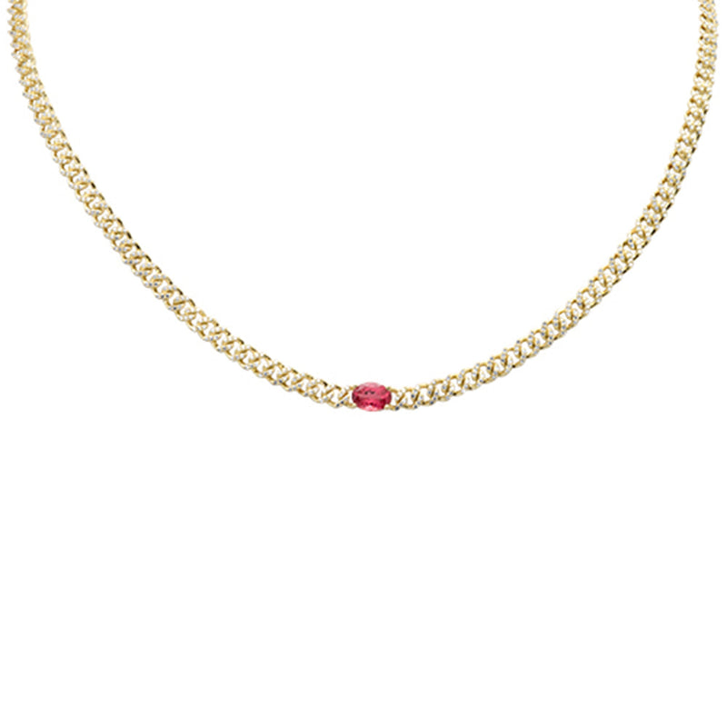 SPECIAL! 2.19ct G SI 14K Yellow Gold Oval Shaped Pink Tourmaline Gemstone & Diamond Cuban Necklace 13+3" Long
