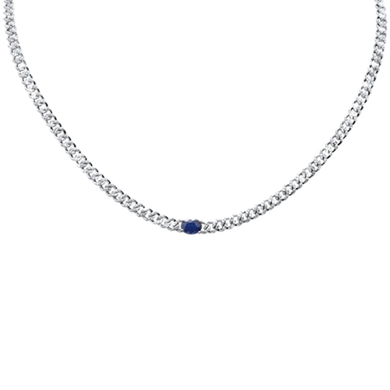 GEMSTONE CLOSEOUT!  1.83ct G SI 14K White Gold Oval Shaped Blue Sapphire Gemstone & Diamond Cuban Necklace 13+3" Long