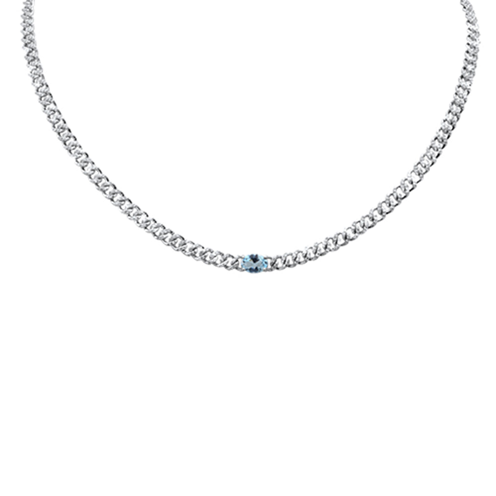 GEMSTONE  CLOSEOUT!  2.03ct G SI 14K White Gold Oval Shaped Aqua Gemstone & Diamond Cuban Necklace 13+3" Long