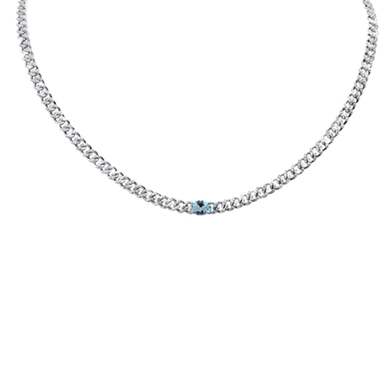 GEMSTONE  CLOSEOUT!  2.03ct G SI 14K White Gold Oval Shaped Aqua Gemstone & Diamond Cuban Necklace 13+3" Long