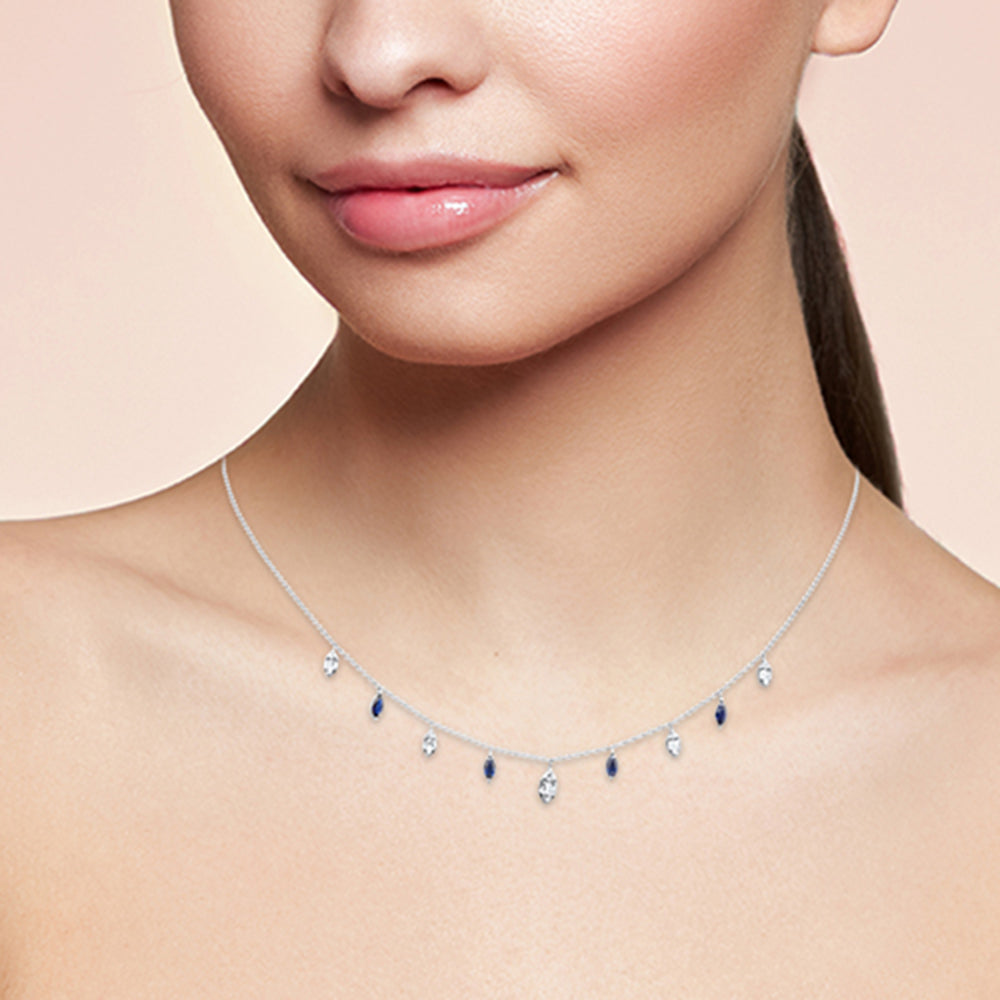 SPECIAL!1.08ct G SI 14K White Gold Diamond & Blue Sapphire Gemstone Pendant Necklace 16+2" Long