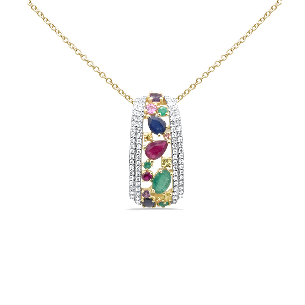 GEMSTONE CLOSEOUT! 2.53ct G SI 14K Yellow Gold Diamond & Multi Color Gemstones Pendant Necklace 18" Long